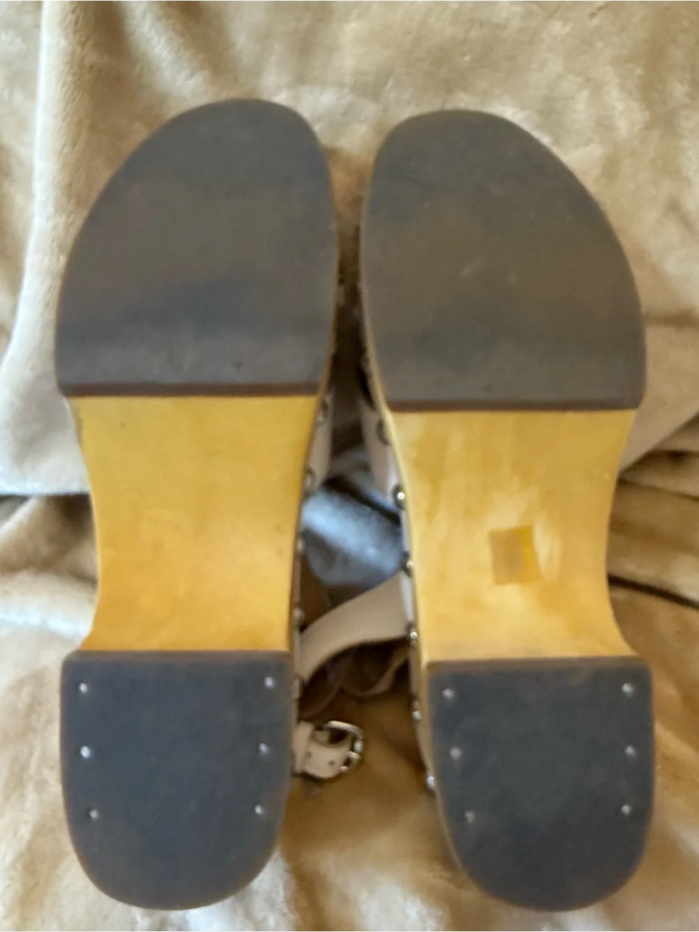 Coach Astor Cream Leather Wood Platform Sandal with Stud Accents
